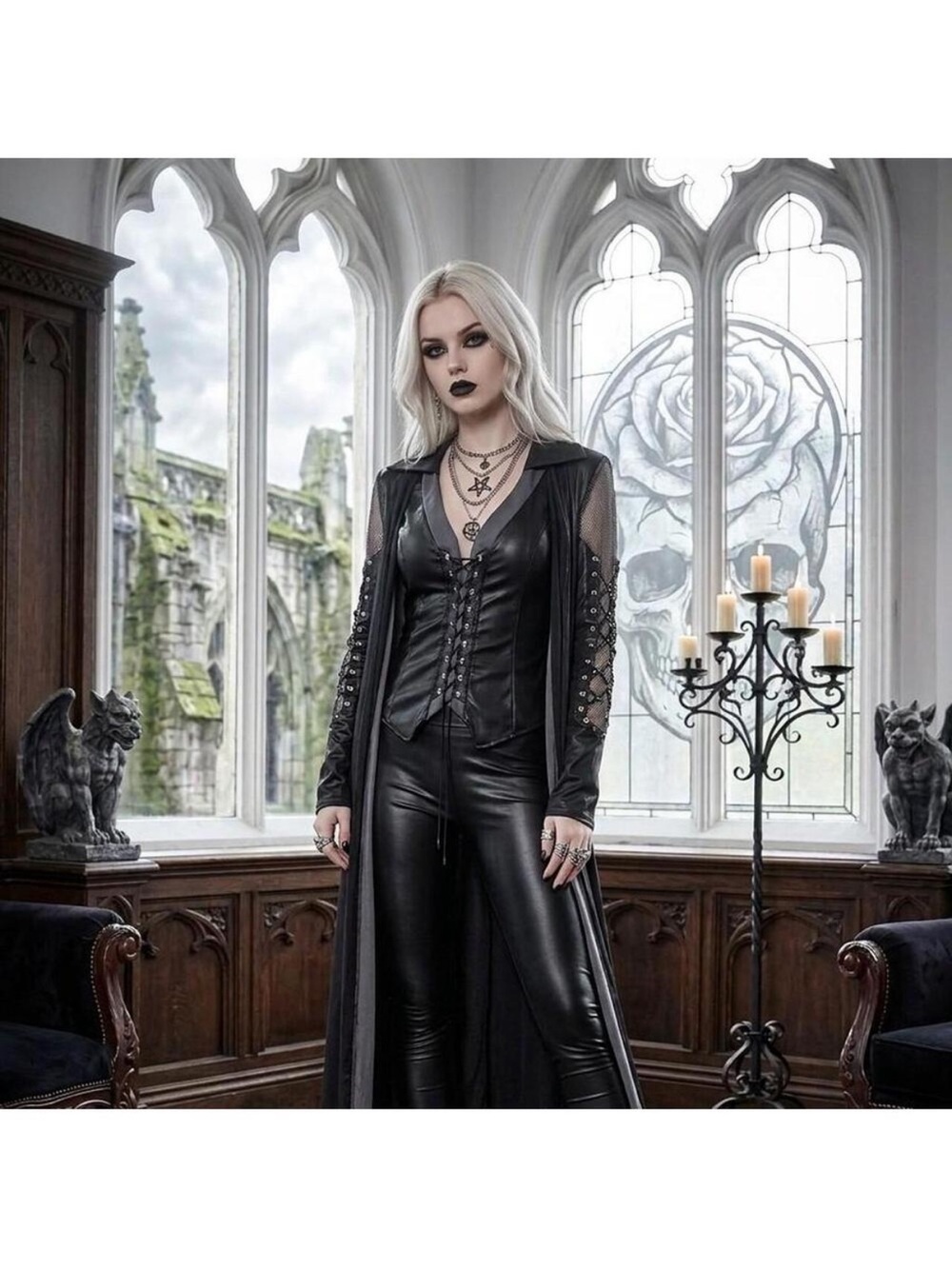Gothic Lace-Trim Black Faux Leather And Mesh Trench coat - Picture 2 of 9